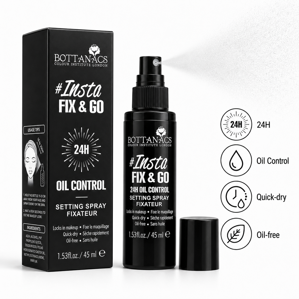 BOTTANACS #Insta Fix & Go 24H Oil Control Setting Spray – Quick Dry Oil-Free Makeup Fixer 45ml