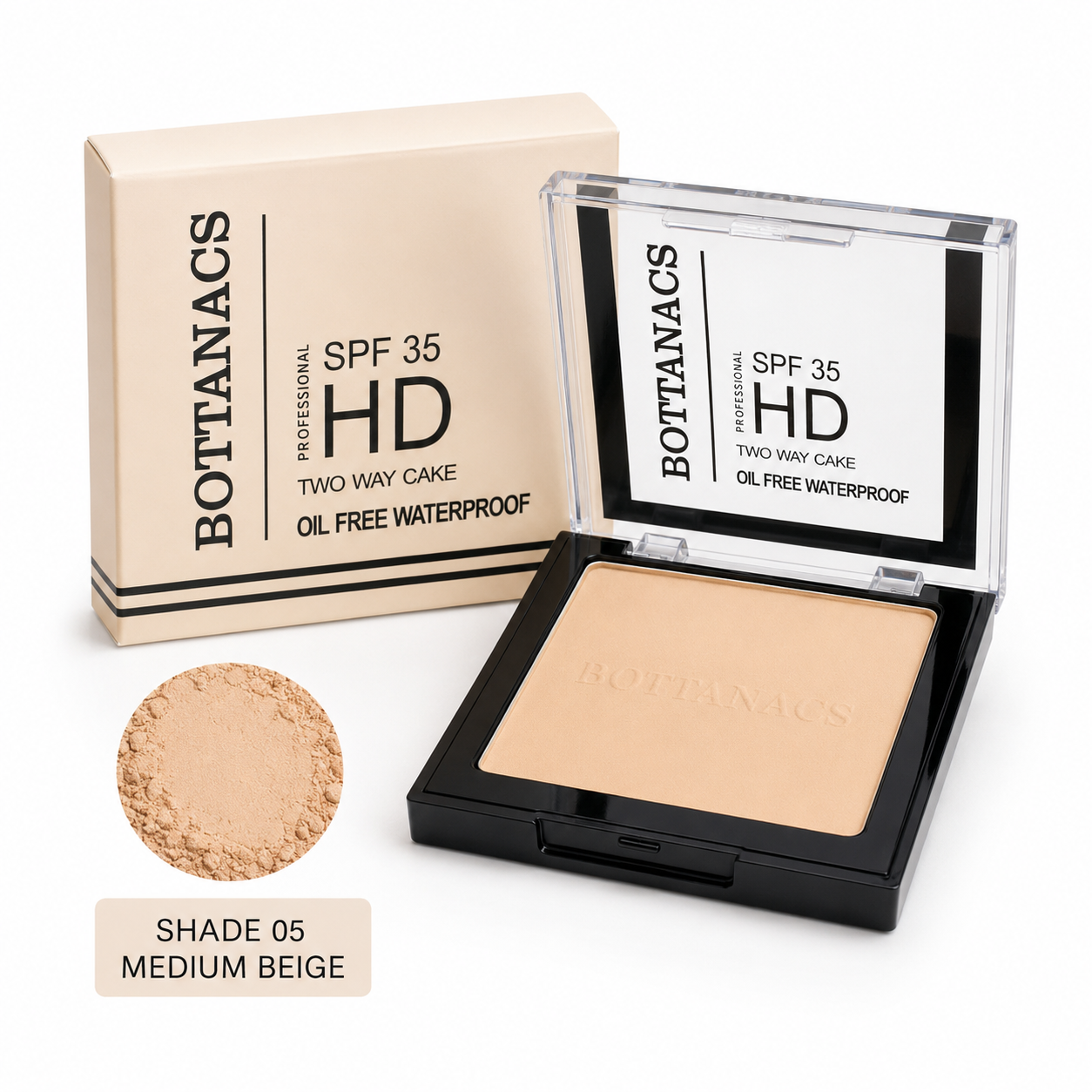 BOTTANACS Professional HD Two Way Cake SPF 35 – Oil-Free Waterproof Compact Powder – Shade 05 Medium Beige