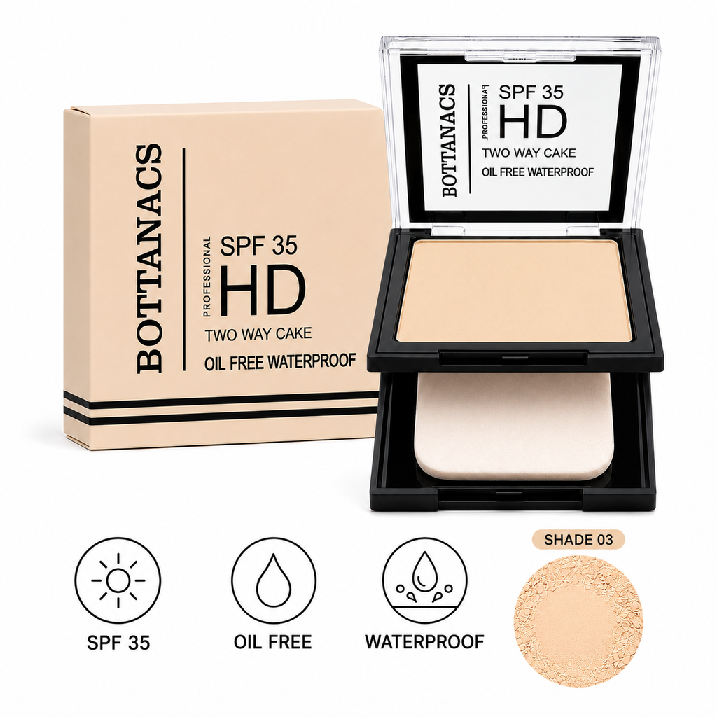 BOTTANACS Professional HD Two Way Cake SPF 35 – Oil-Free Waterproof Compact Powder – Shade 03 Light Beige