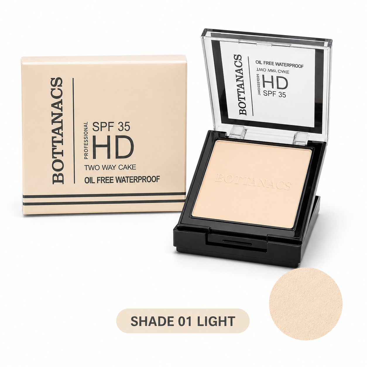 BOTTANACS Professional HD Two Way Cake SPF 35 – Oil-Free Waterproof Compact Powder – Shade 01 Light