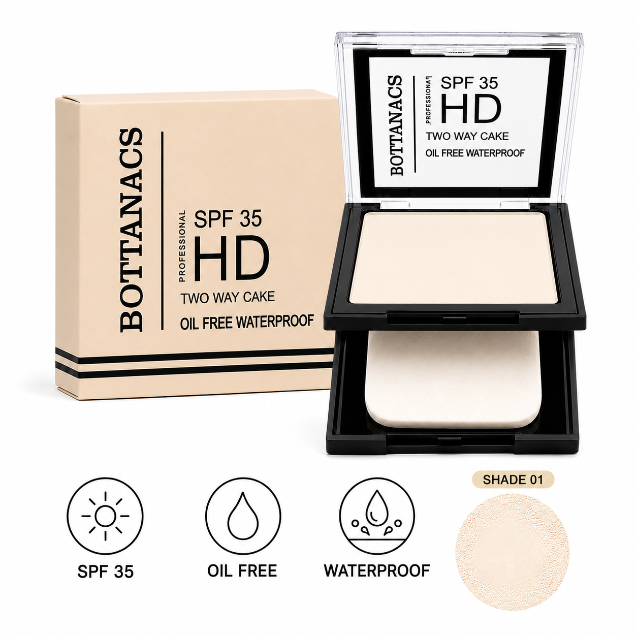 BOTTANACS Professional HD Two Way Cake SPF 35 – Oil-Free Waterproof Compact Powder – Shade 01 Light