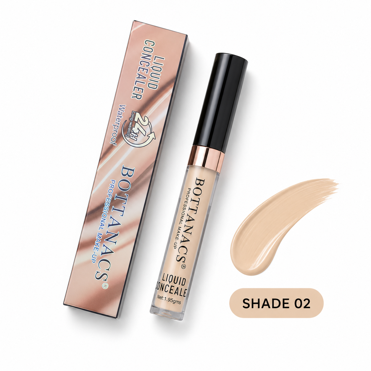 BOTTANACS Professional Make-Up Liquid Concealer – 24H Long-Wearing Waterproof Formula – Shade 02 Light Beige