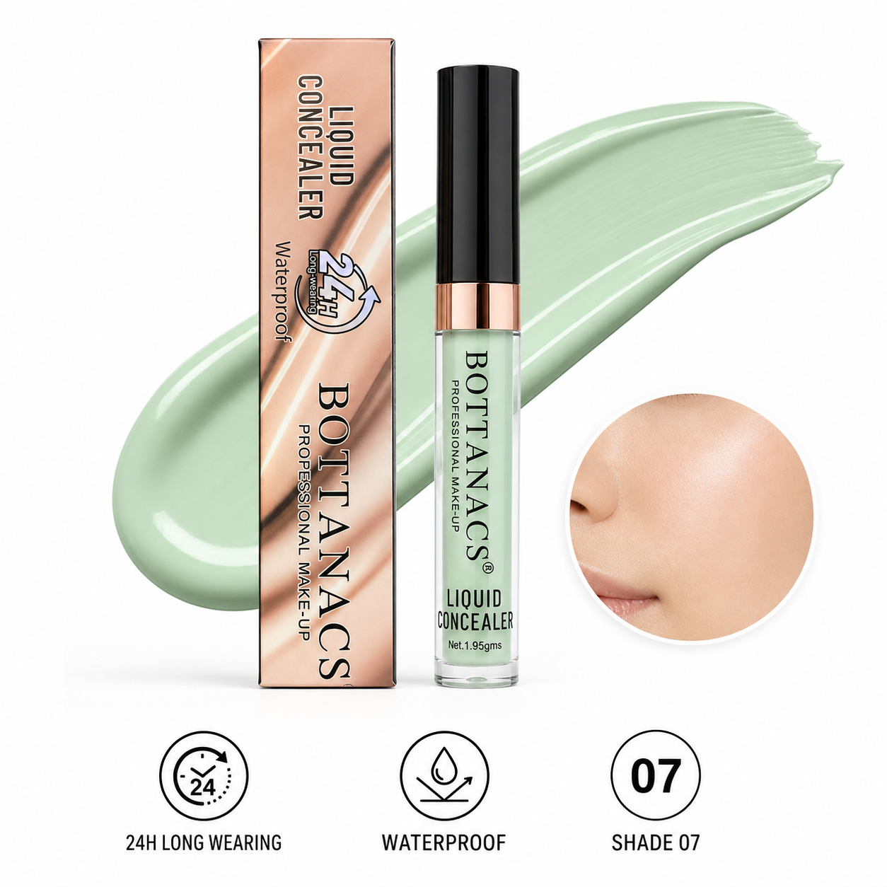 BOTTANACS Professional Make-Up Liquid Concealer – 24H Long-Wearing Waterproof Formula – Shade 07 Green Corrector