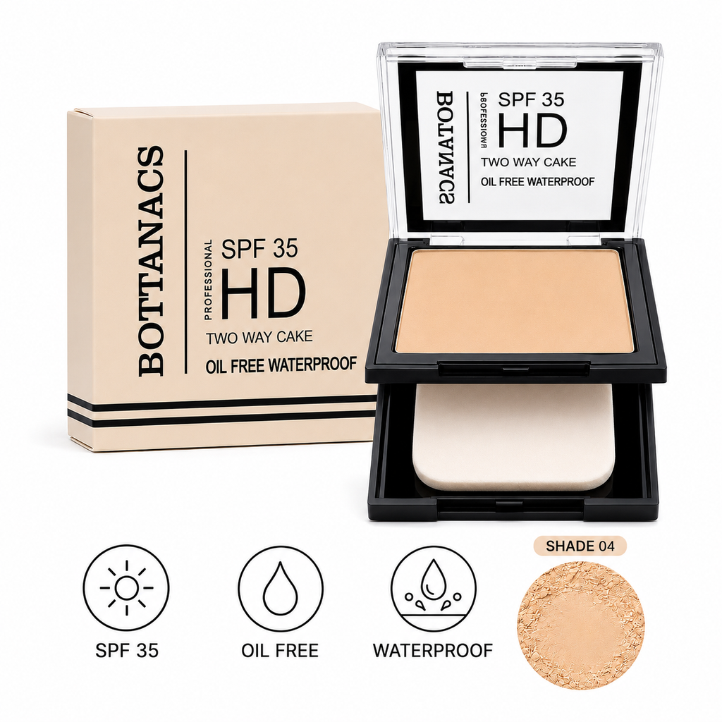 BOTTANACS Professional HD Two Way Cake SPF 35 – Oil-Free Waterproof Compact Powder – Shade 04 Natural Beige