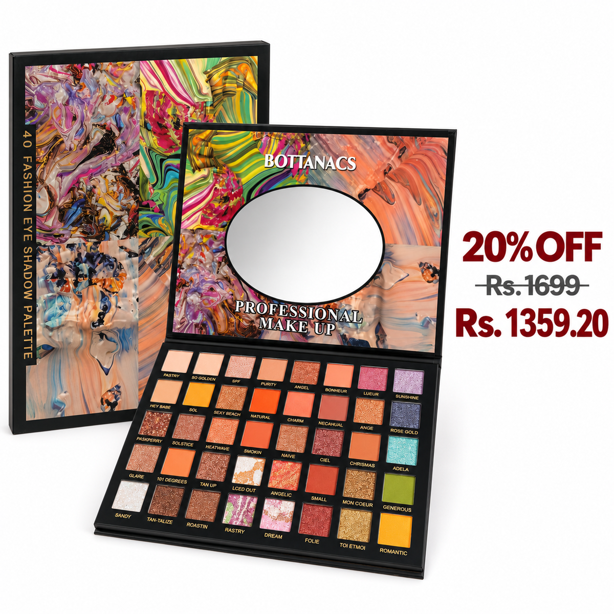 BOTTANACS 40-Color Eyeshadow Palette with Mirror – 20% off, Rs. 1699 reduced to Rs. 1359.20