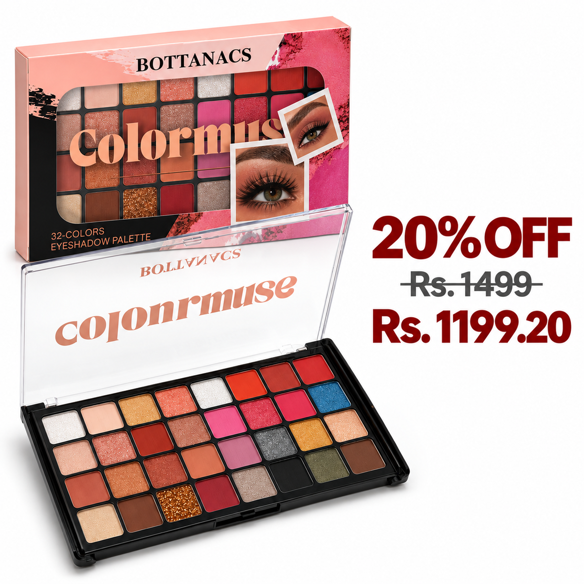 BOTTANACS Colourmuse 32-Color Eyeshadow Palette – Shade 1 – 20% off, Rs. 1499 reduced to Rs. 1199.20