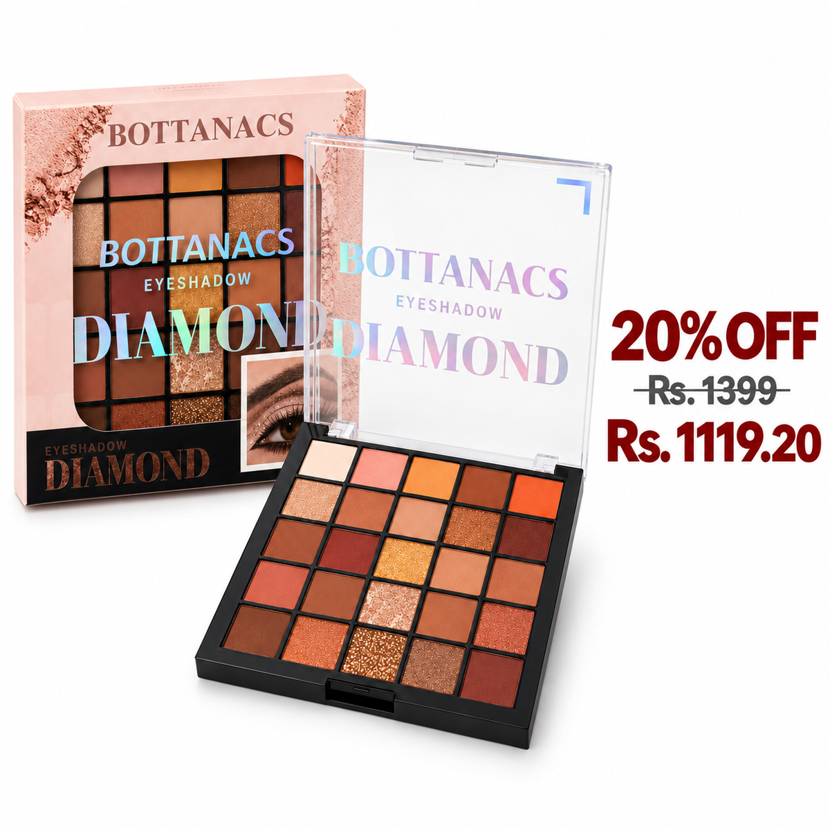 BOTTANACS Diamond 25-Color Eyeshadow Palette – Shade 02 – 20% off, Rs. 1399 reduced to Rs. 1119.20