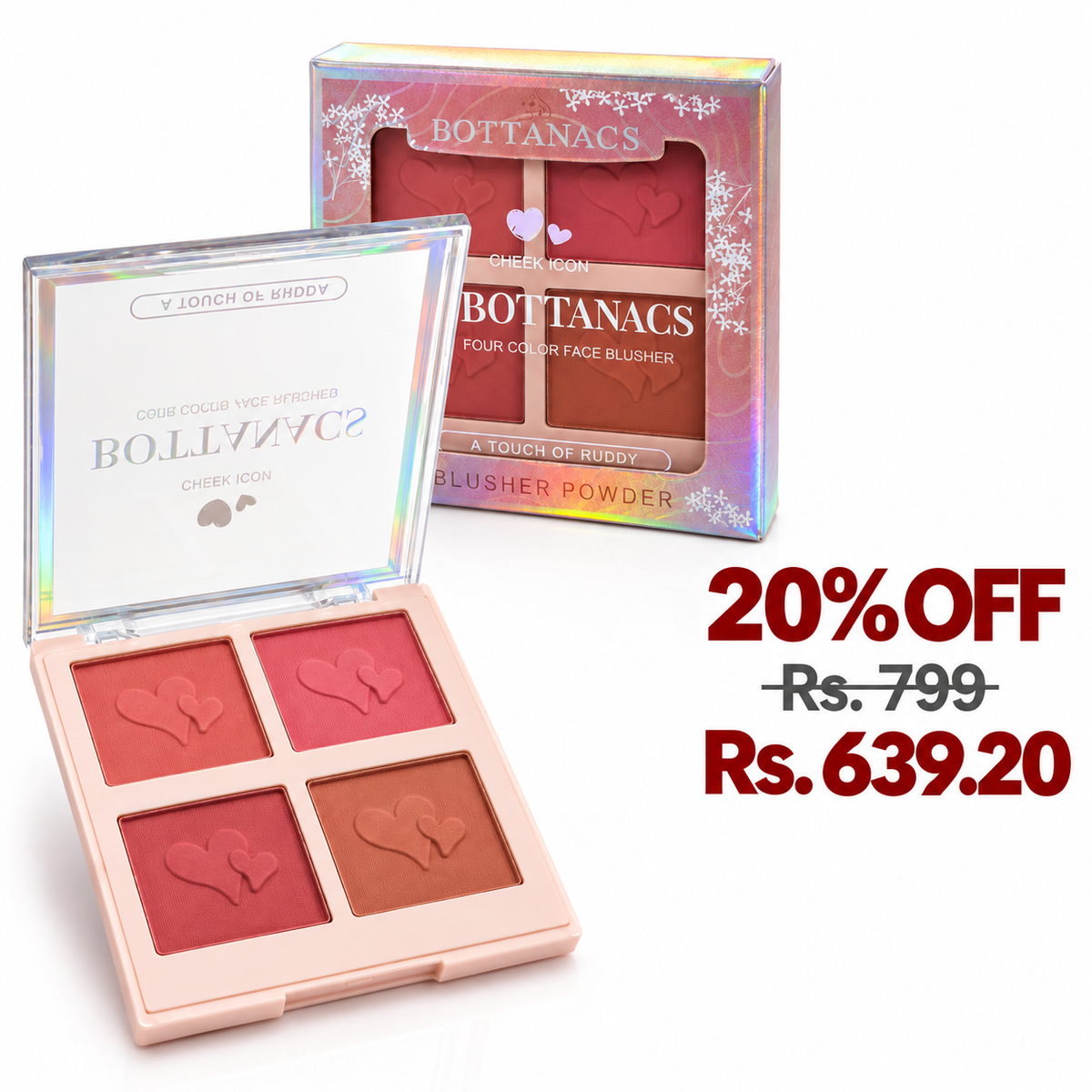 BOTTANACS Four Color Blush Palette – Shade 02 – 20% off, Rs. 799 reduced to Rs. 639.20