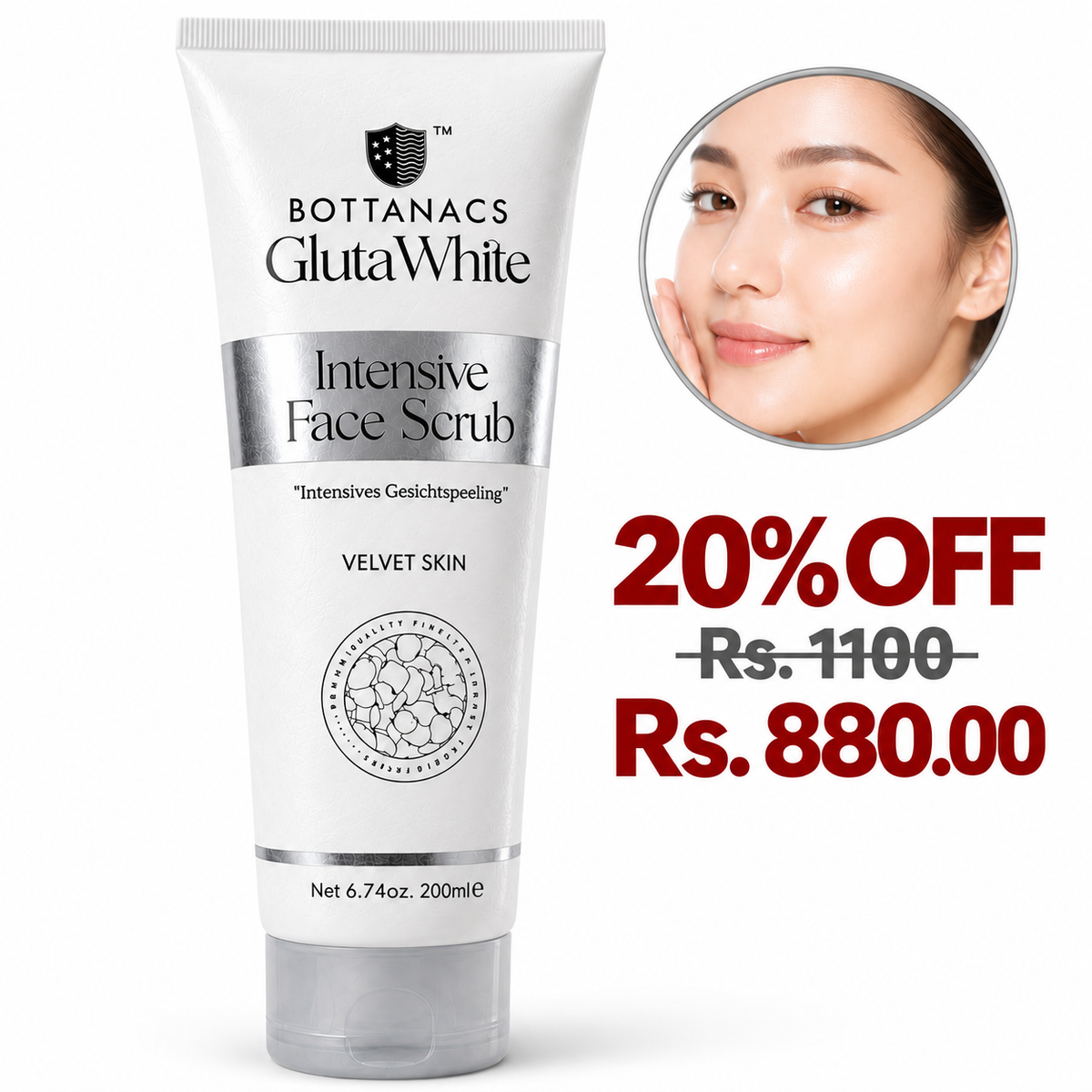 BOTTANACS GlutaWhite Intensive Face Scrub – Velvet Skin – 200ml – 20% off, Rs. 1100 reduced to Rs. 880.00