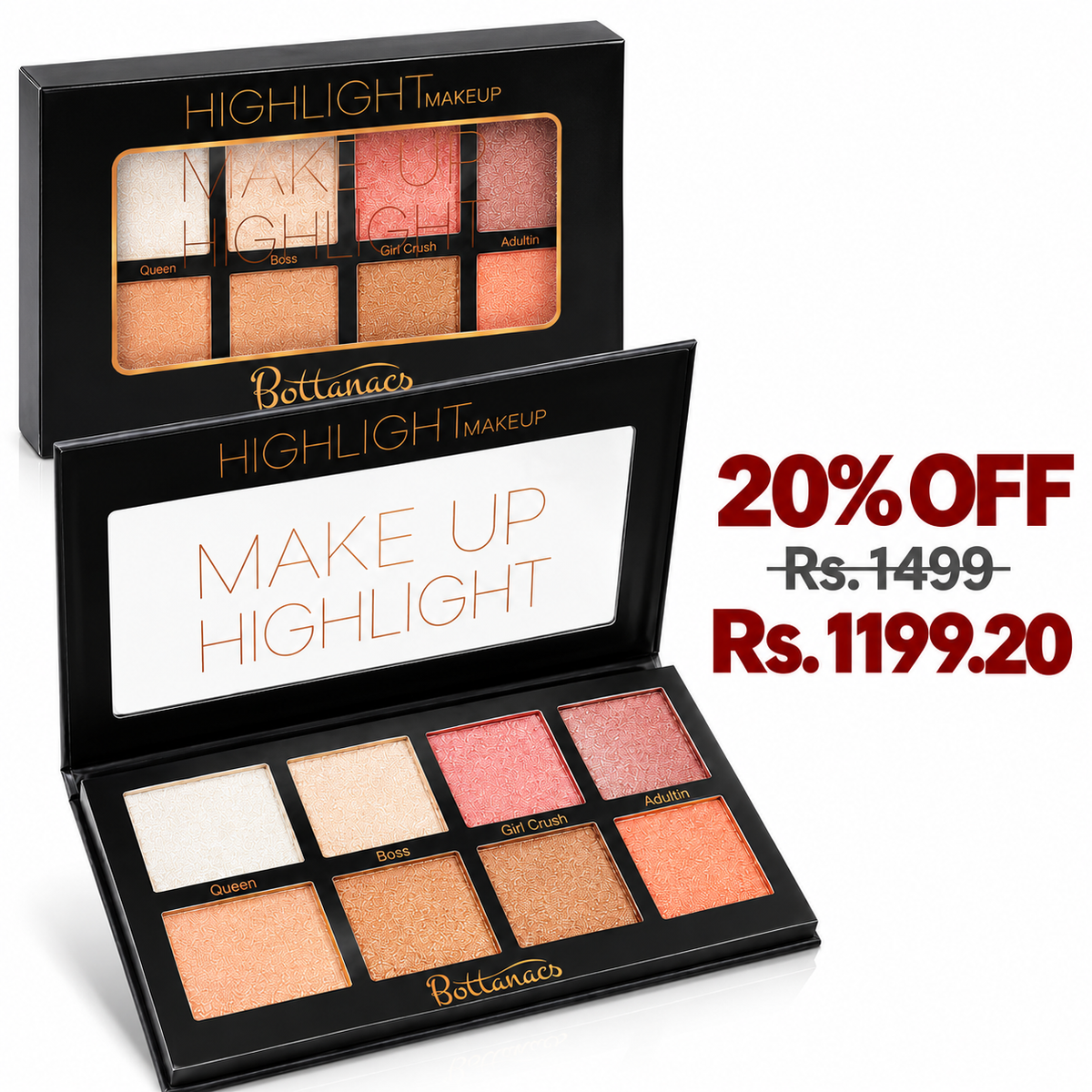 BOTTANACS 8-Shade Shimmer Highlighter Palette – 20% off, Rs. 1499 reduced to Rs. 1199.20