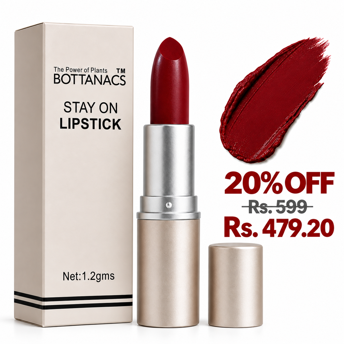 BOTTANACS Stay On Matte Lipstick – Shade 402 – 20% off, Rs. 599 reduced to Rs. 479.20
