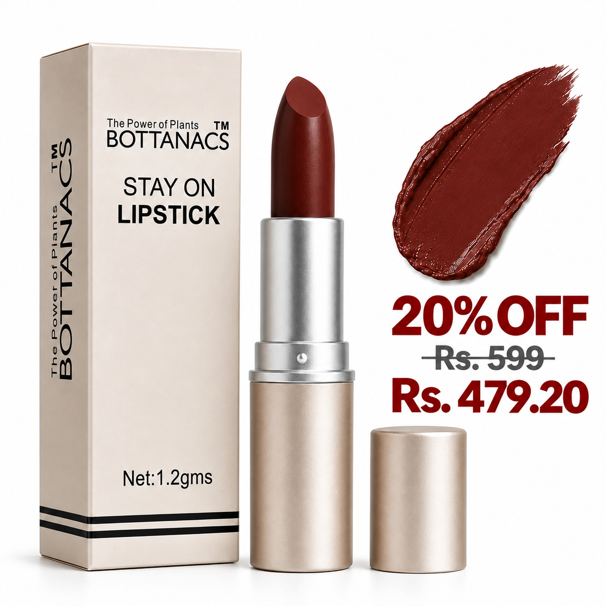 BOTTANACS Stay On Matte Lipstick – Shade 403 – 20% off, Rs. 599 reduced to Rs. 479.20