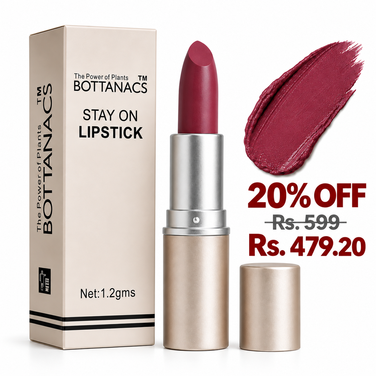 BOTTANACS Stay On Matte Lipstick – Shade 407 – 20% off, Rs. 599 reduced to Rs. 479.20
