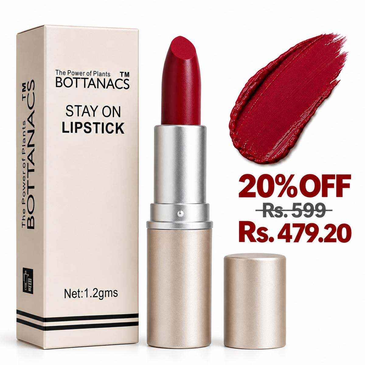 BOTTANACS Stay On Matte Lipstick – Shade 408 – 20% off, Rs. 599 reduced to Rs. 479.20