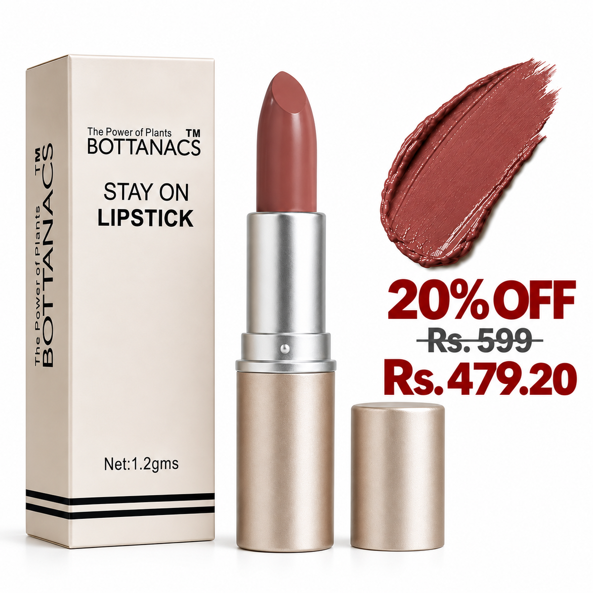 BOTTANACS Stay On Matte Lipstick – Shade 411 – 20% off, Rs. 599 reduced to Rs. 479.20