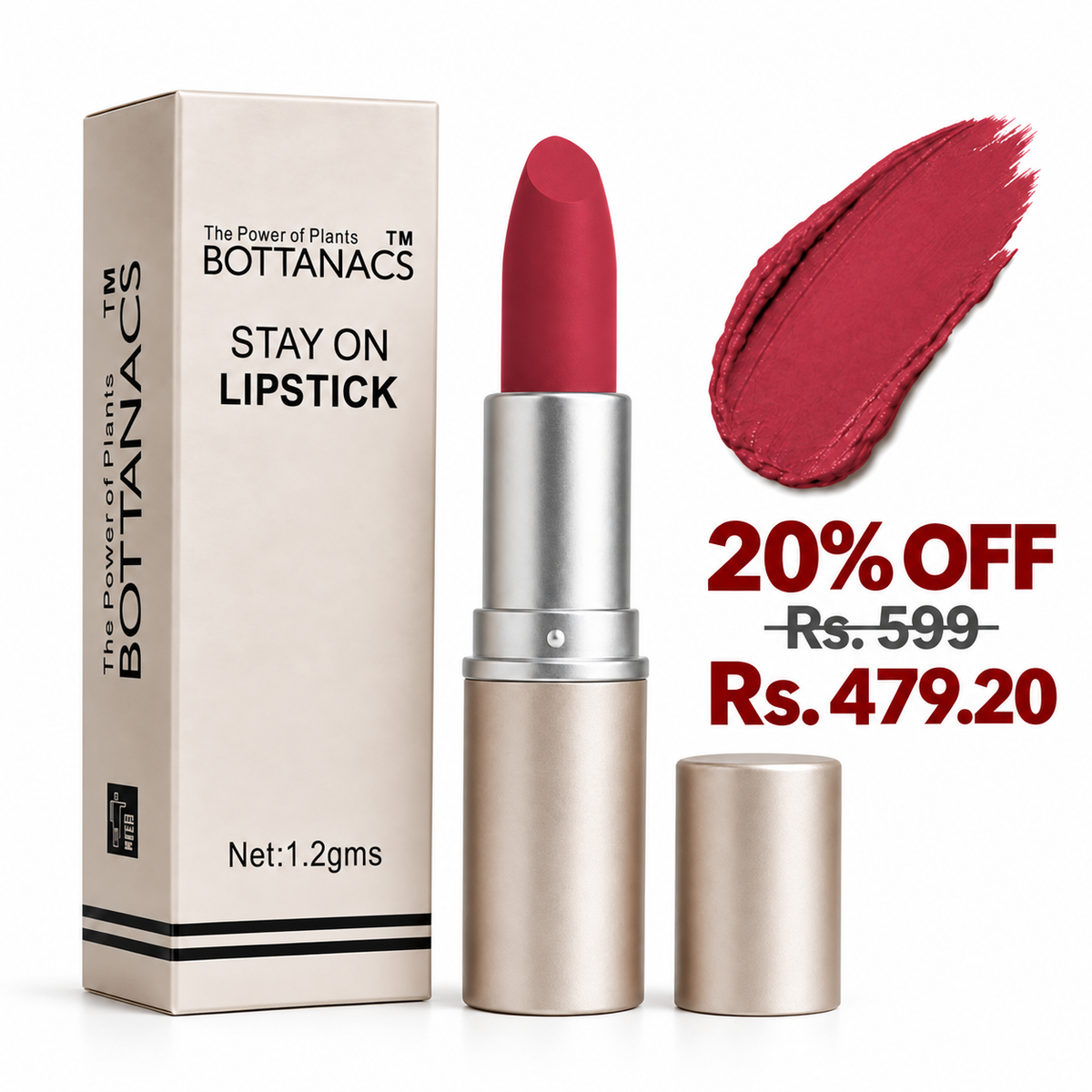 BOTTANACS Stay On Matte Lipstick – Shade 412 – 20% off, Rs. 599 reduced to Rs. 479.20