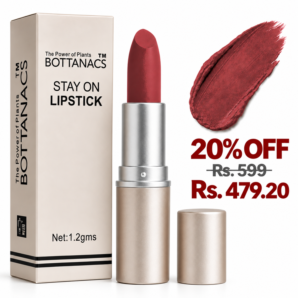 BOTTANACS Stay On Matte Lipstick – Shade 419 – 20% off, Rs. 599 reduced to Rs. 479.20