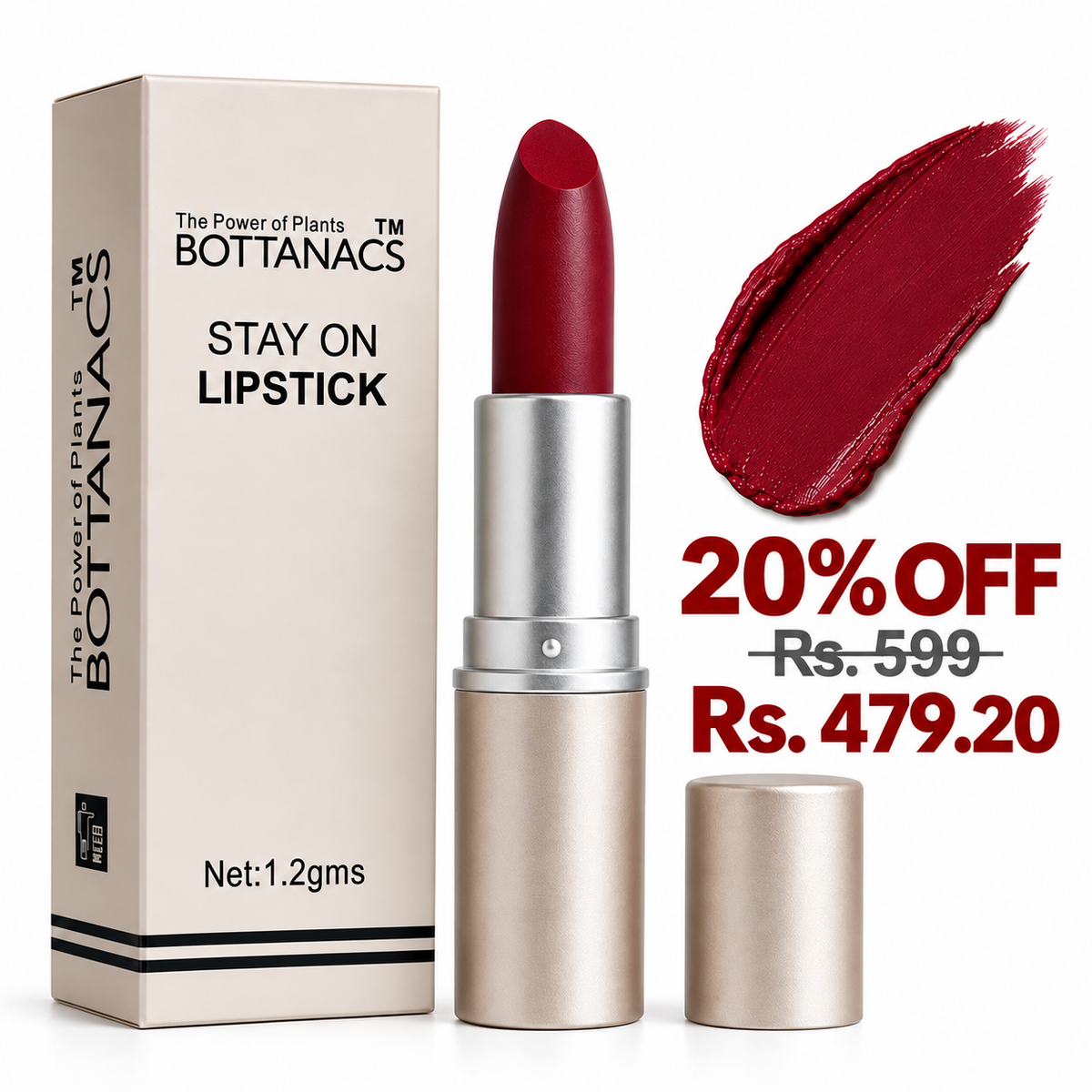 BOTTANACS Stay On Matte Lipstick – Shade 423 – 20% off, Rs. 599 reduced to Rs. 479.20