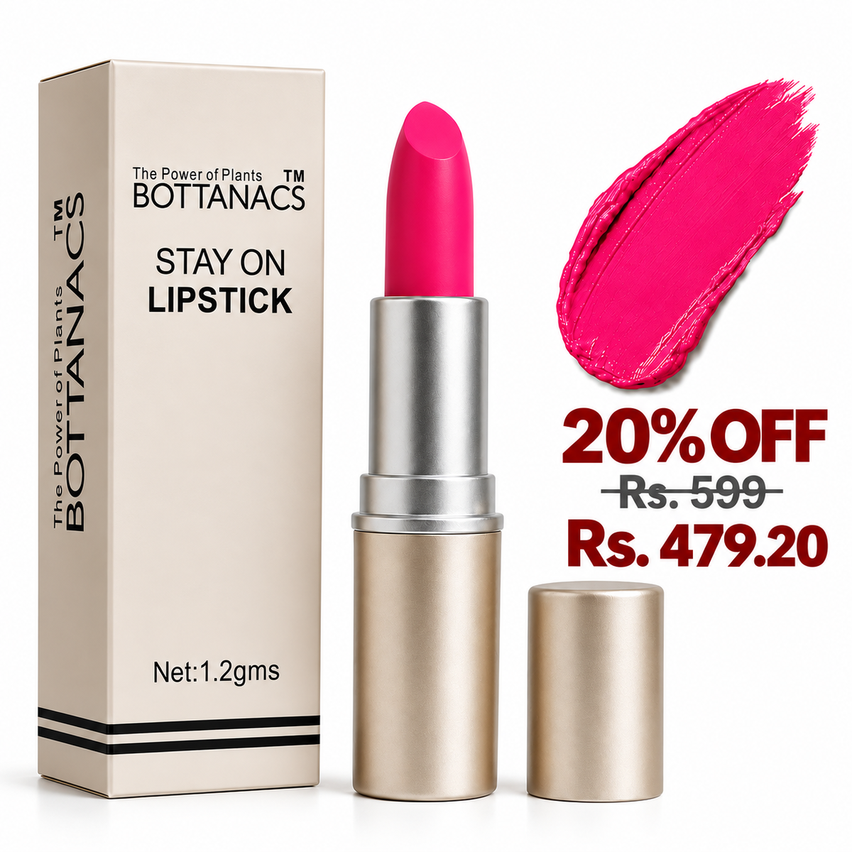 BOTTANACS Stay On Matte Lipstick – Shade 440 – 20% off, Rs. 599 reduced to Rs. 479.20