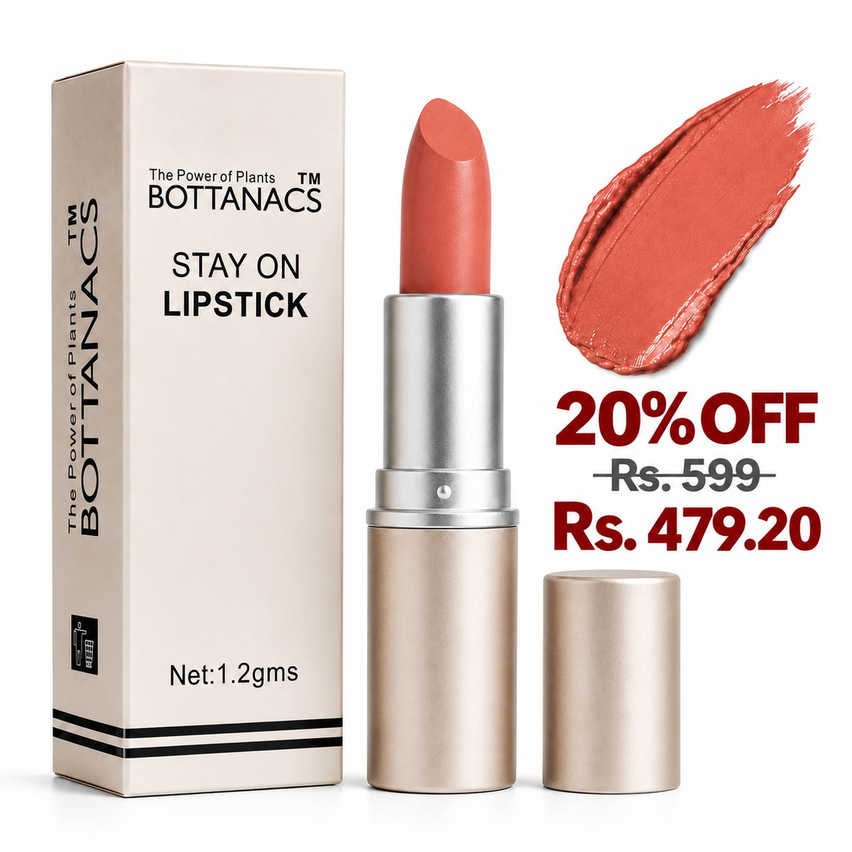 BOTTANACS Stay On Matte Lipstick – Shade 454 – 20% off, Rs. 599 reduced to Rs. 479.20