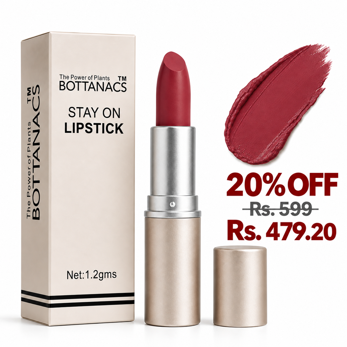 BOTTANACS Stay On Matte Lipstick – Shade 461 – 20% off, Rs. 599 reduced to Rs. 479.20