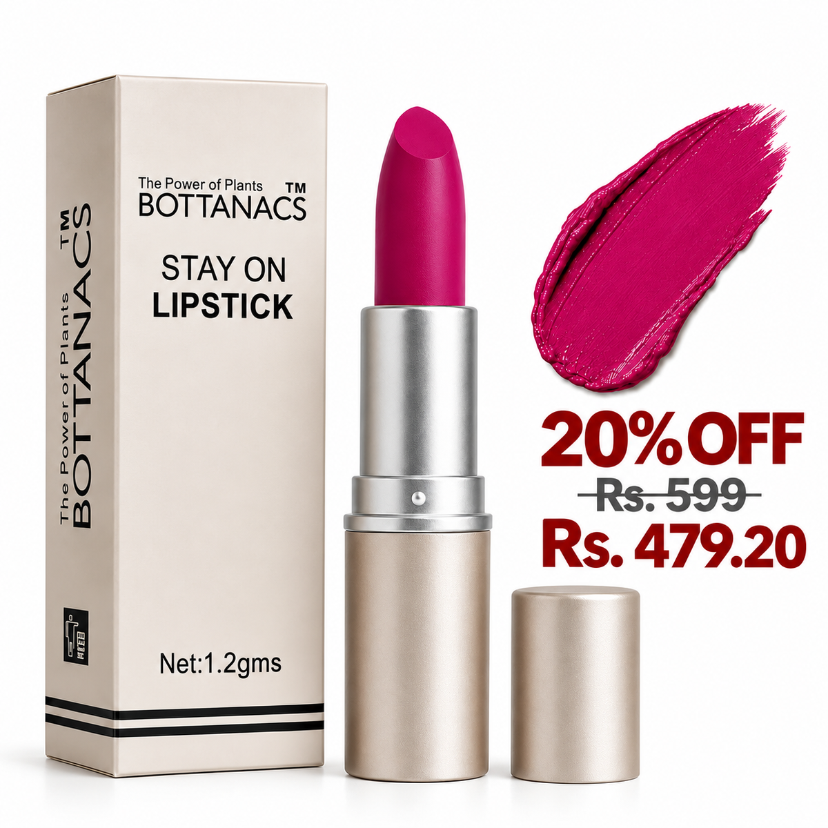 BOTTANACS Stay On Matte Lipstick – Shade 463 – 20% off, Rs. 599 reduced to Rs. 479.20
