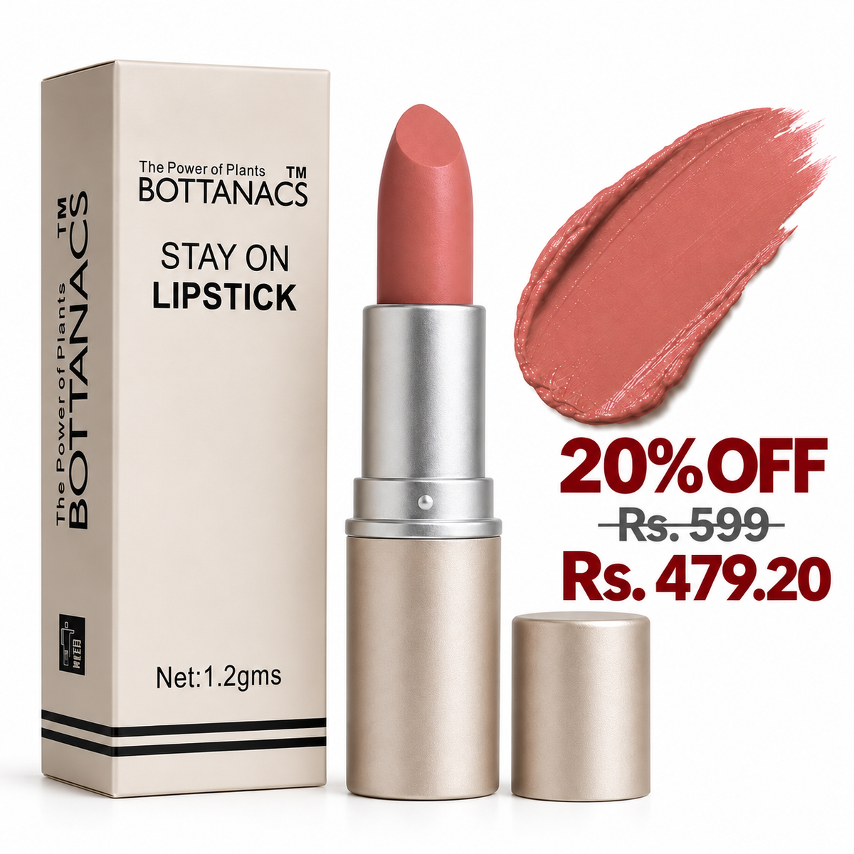 BOTTANACS Stay On Matte Lipstick – Shade 409 – 20% off, Rs. 599 reduced to Rs. 479.20