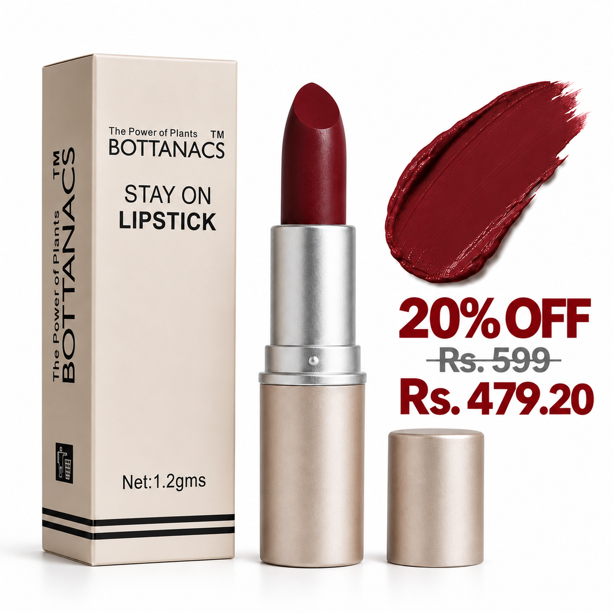 BOTTANACS Stay On Matte Lipstick – Shade 420 – 20% off, Rs. 599 reduced to Rs. 479.20