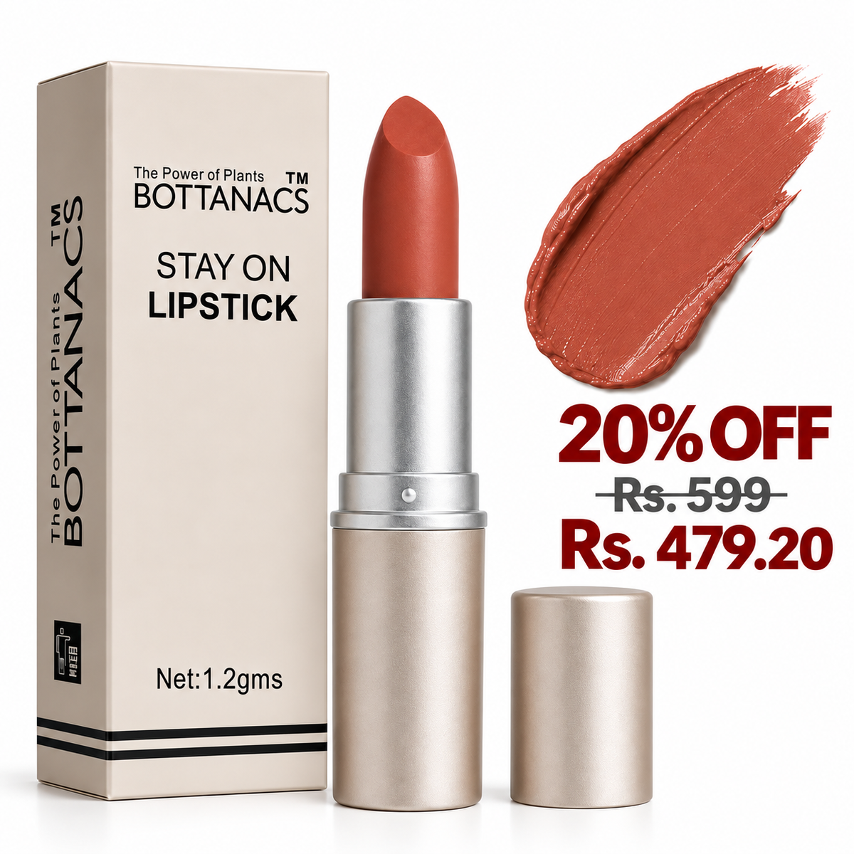 BOTTANACS Stay On Matte Lipstick – Shade 428 – 20% off, Rs. 599 reduced to Rs. 479.20