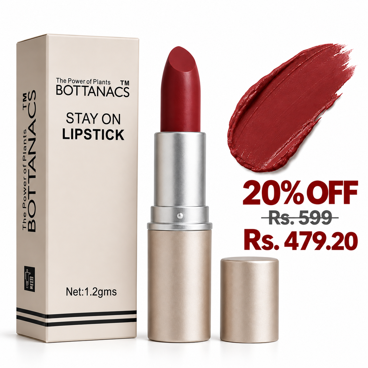 BOTTANACS Stay On Matte Lipstick – Shade 429 – 20% off, Rs. 599 reduced to Rs. 479.20