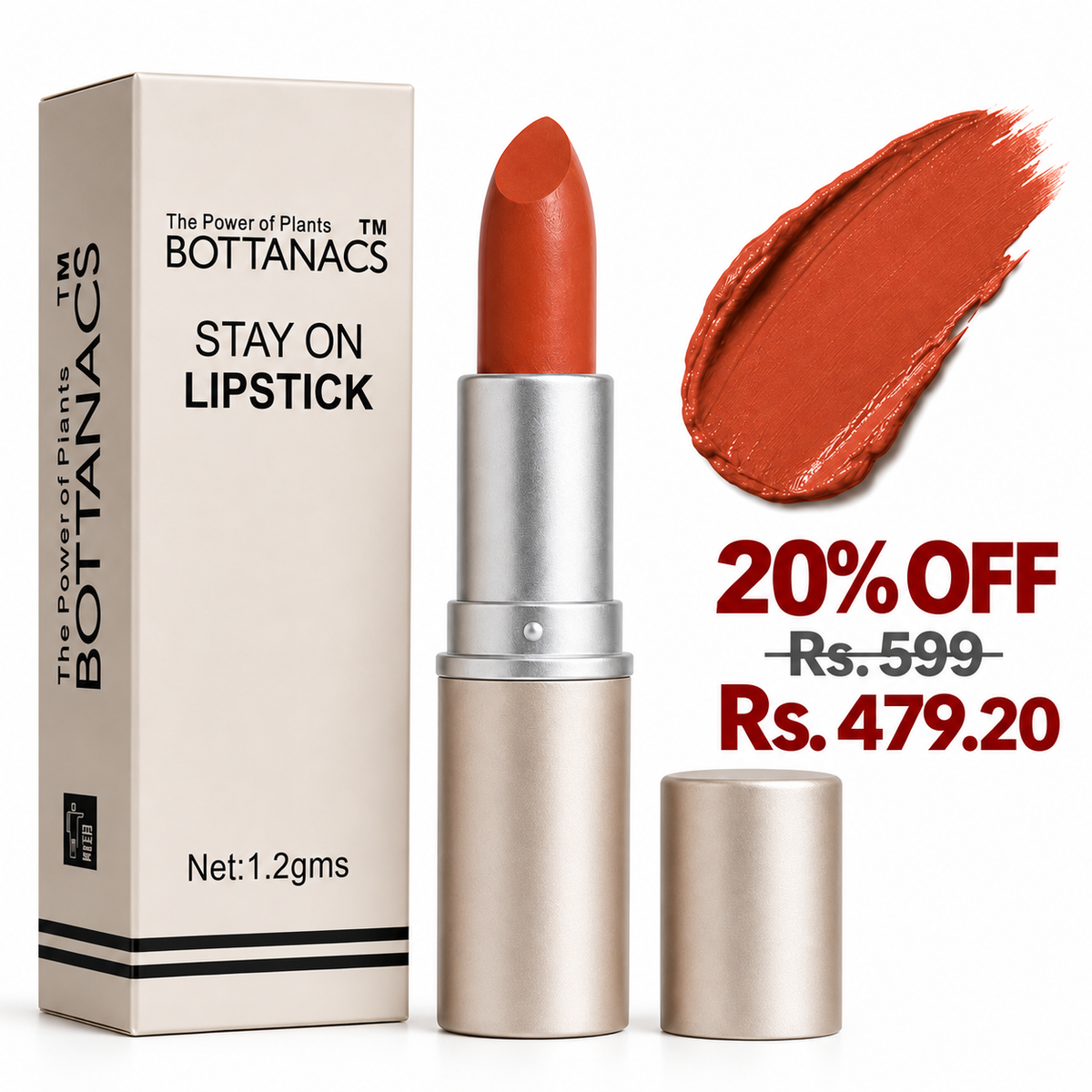 BOTTANACS Stay On Matte Lipstick – Shade 453 – 20% off, Rs. 599 reduced to Rs. 479.20