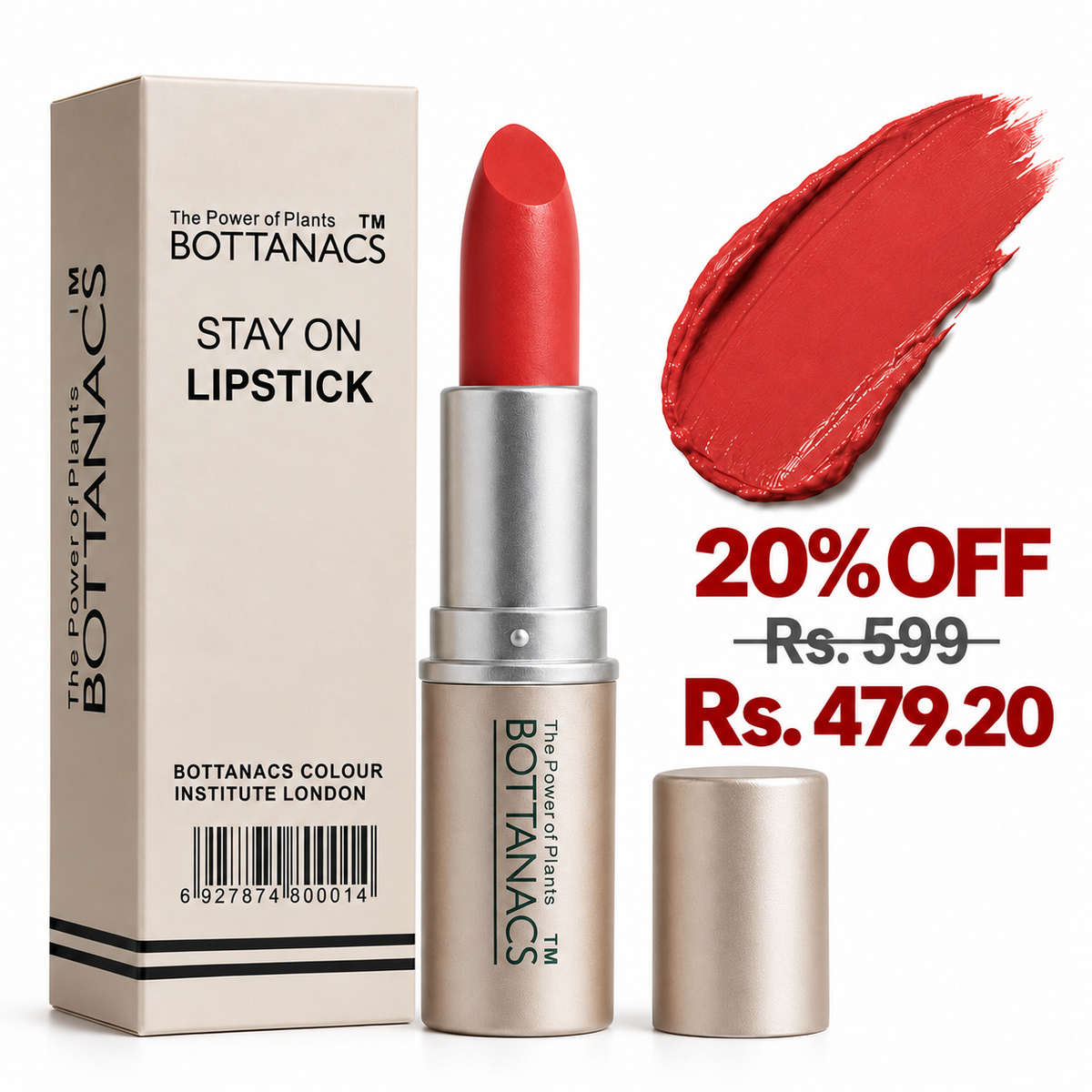BOTTANACS Stay On Matte Lipstick – Shade 458 – 20% off, Rs. 599 reduced to Rs. 479.20