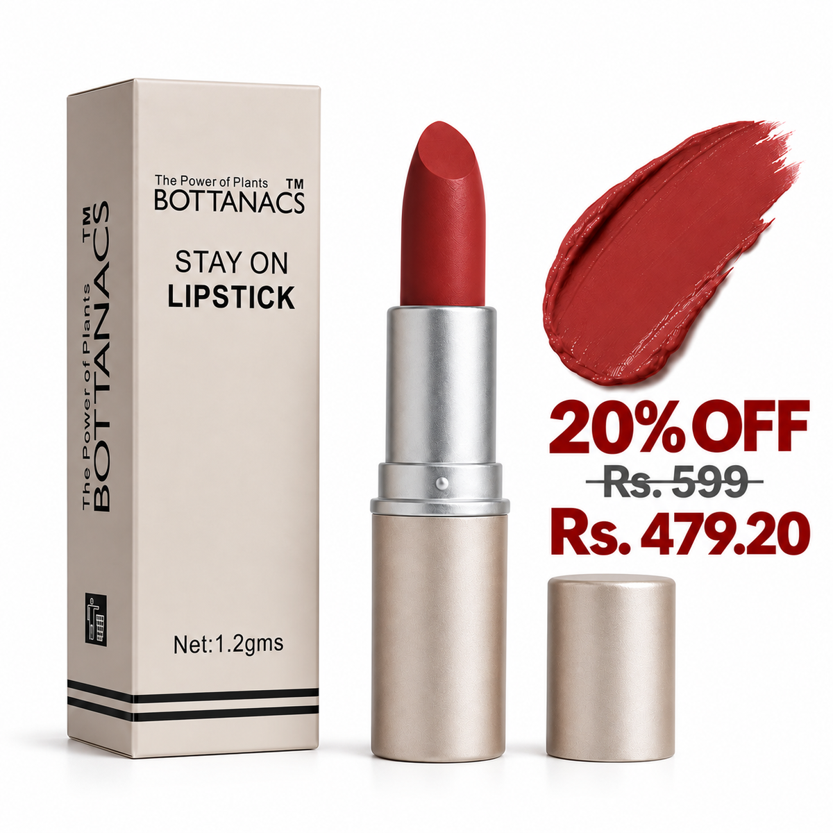 BOTTANACS Stay On Matte Lipstick – Shade 468 – 20% off, Rs. 599 reduced to Rs. 479.20