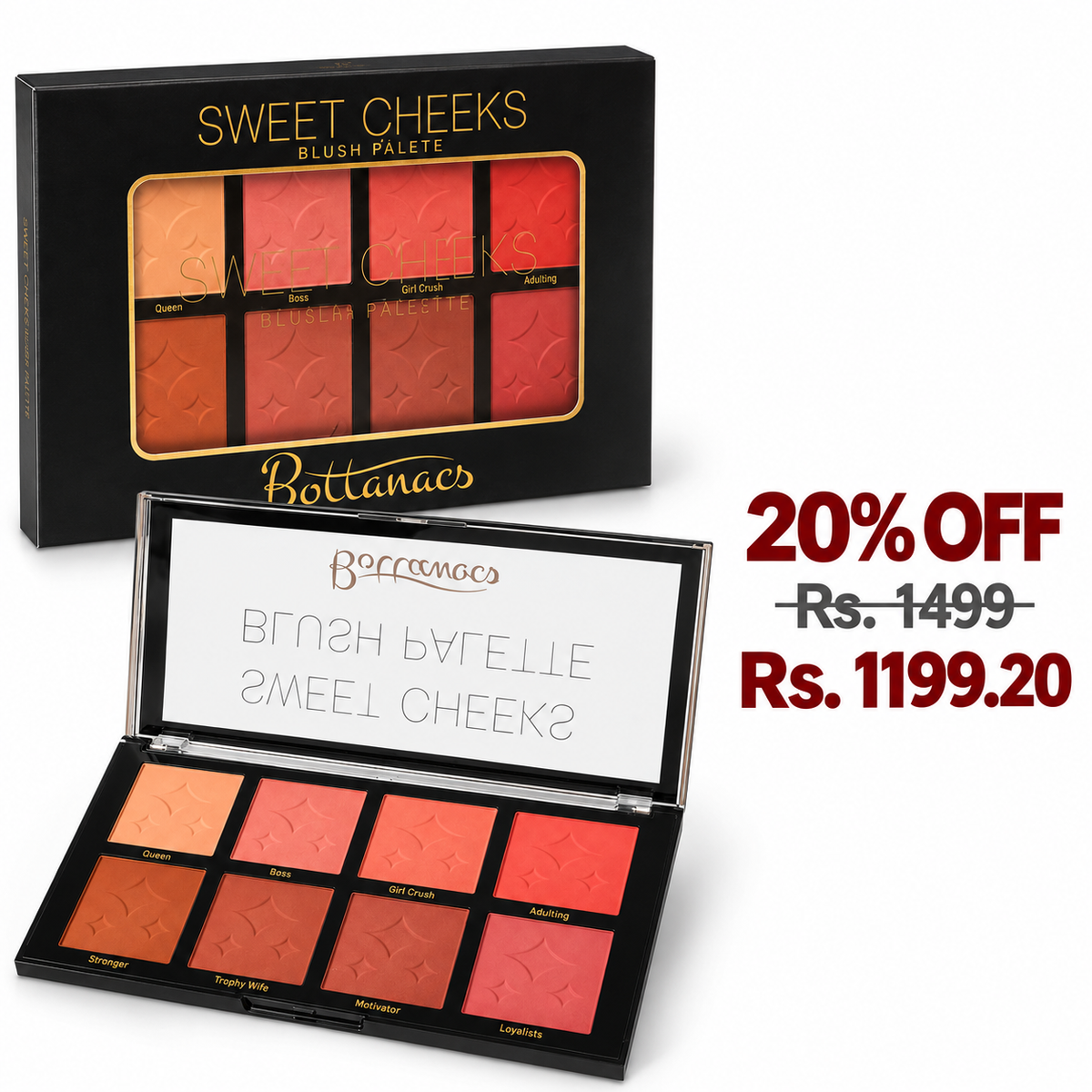 BOTTANACS Sweet Cheeks 8-Shade Blush Palette – 20% off, Rs. 1499 reduced to Rs. 1199.20