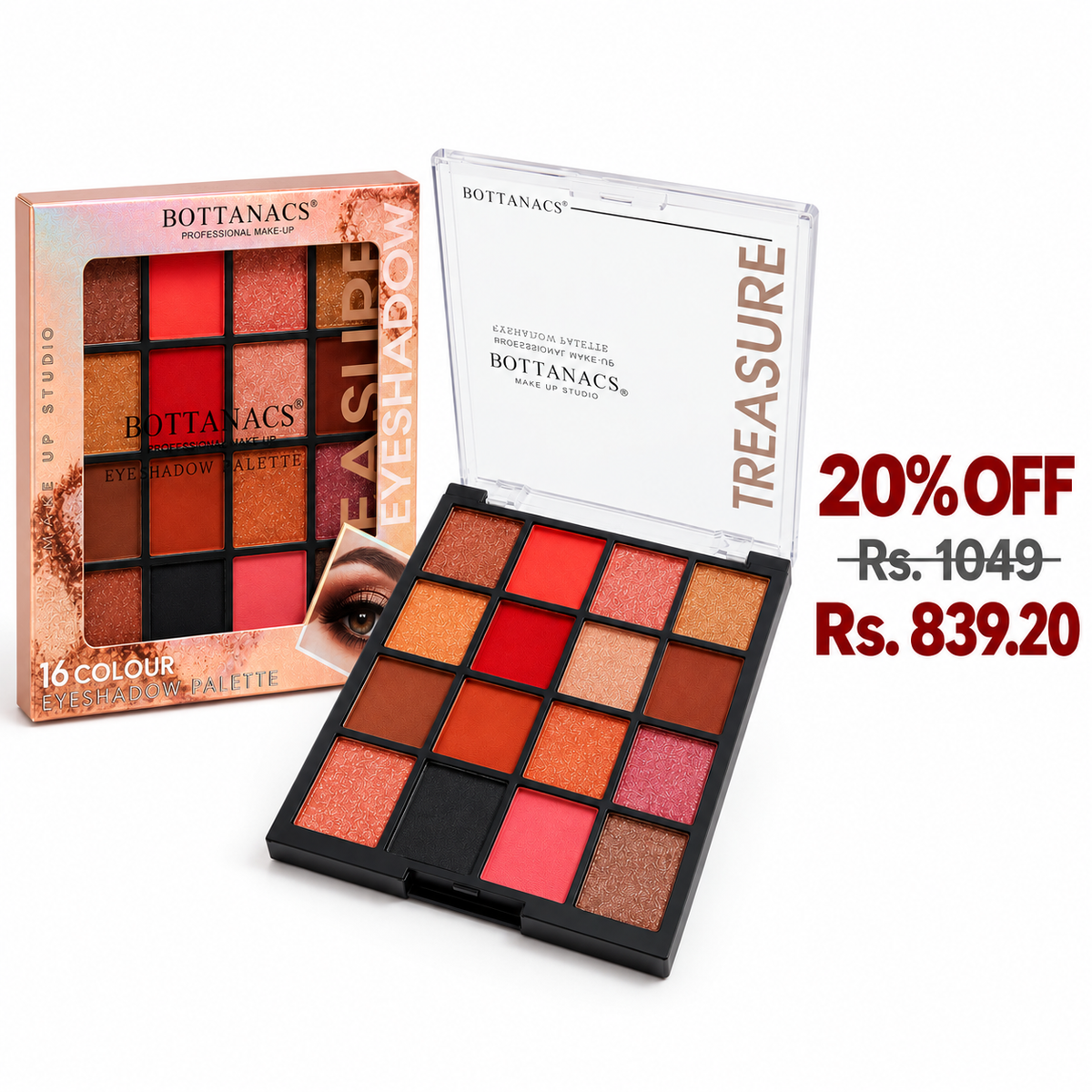 BOTTANACS Treasure 16 Colour Eyeshadow Palette – Shade 03 – 20% off, Rs. 1049 reduced to Rs. 839.20